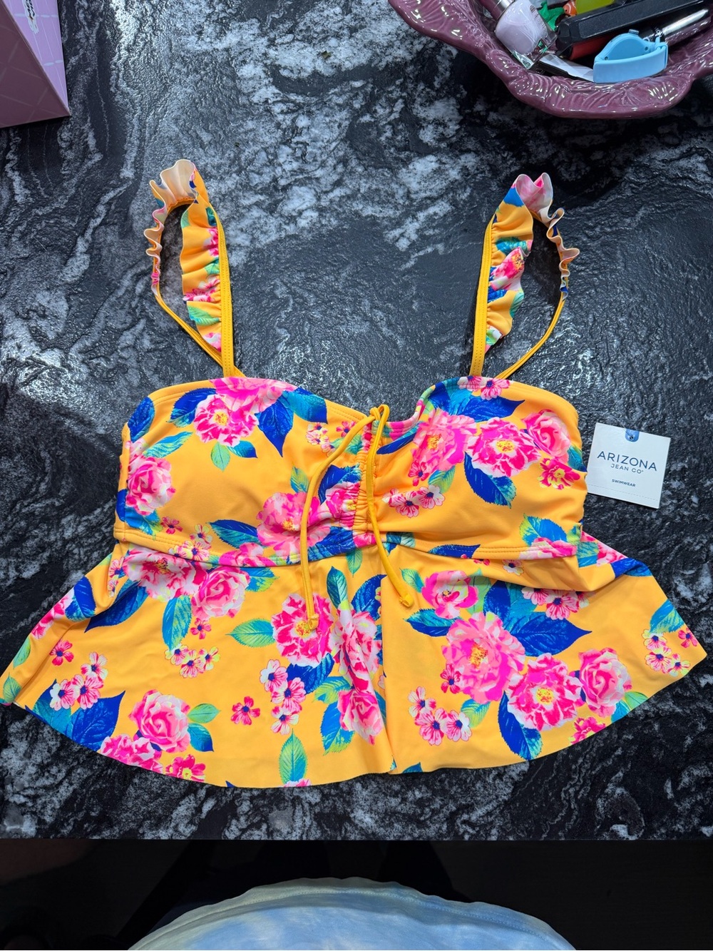 Arizona Jean Company Floral Ruffle-Strap Peplum swim suit Top - Yellow/Pink